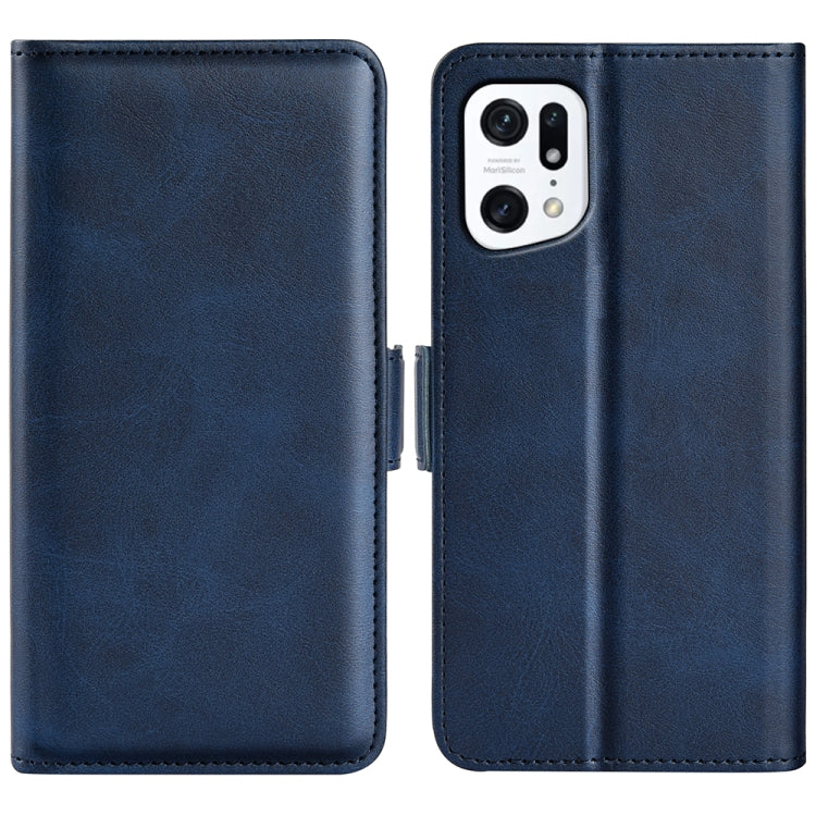 Dark blue leather dual-side magnetic buckle phone case, open front and back view