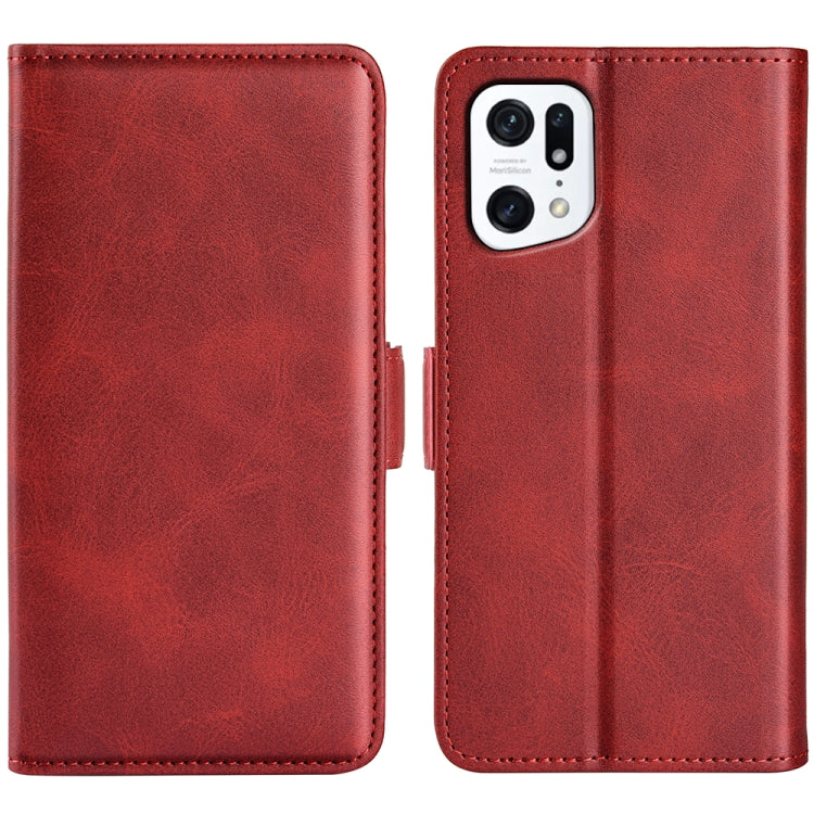 Red leather dual-side magnetic buckle phone case, open front and back view