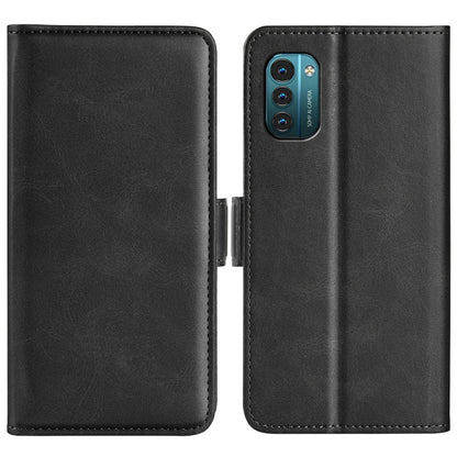 Black leather phone case with magnetic buckle for Nokia G11/G21, dual-fold cover