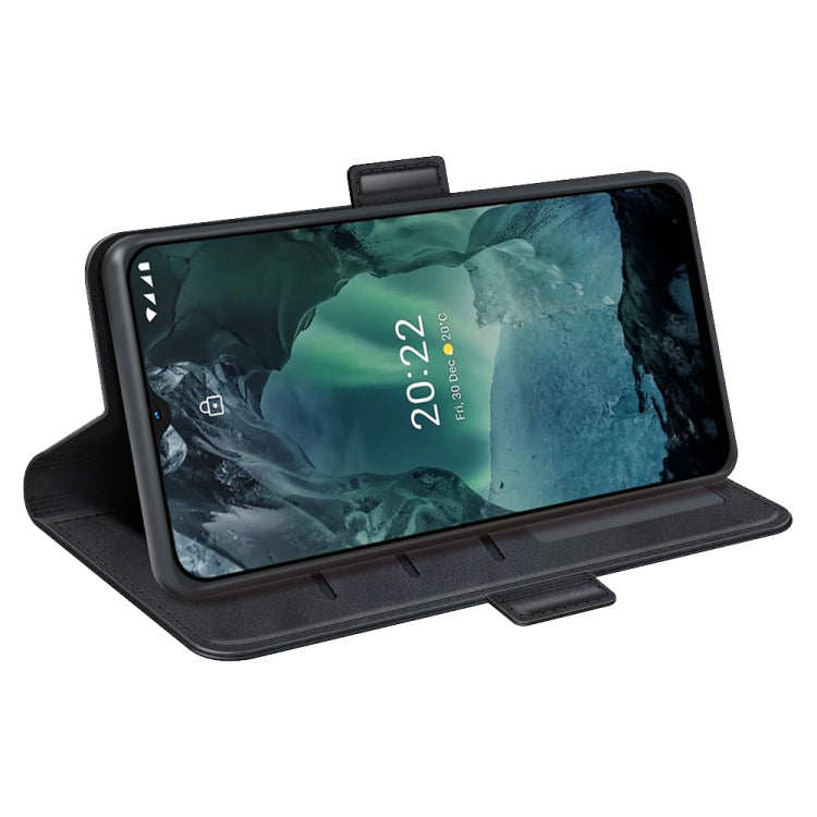 Black leather phone case for Nokia G11/G21, kickstand viewing stand