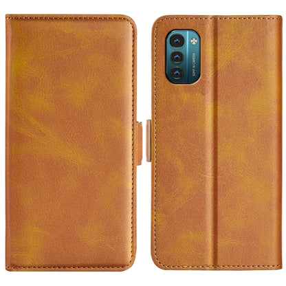 Yellow leather phone case with magnetic buckle for Nokia G11/G21, dual-fold cover