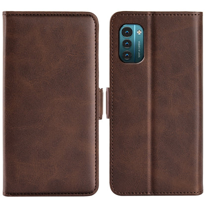 Brown leather phone case with magnetic buckle for Nokia G11/G21, dual-fold cover