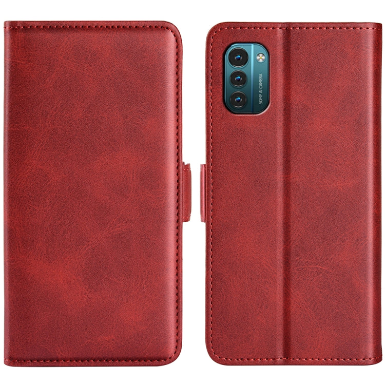 Red leather phone case with magnetic buckle for Nokia G11/G21, dual-fold cover