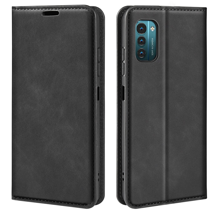 Black leather-style magnetic wallet phone case for Nokia G11/G21, front and back views
