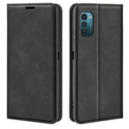 Black leather-style magnetic wallet phone case for Nokia G11/G21, front and back views