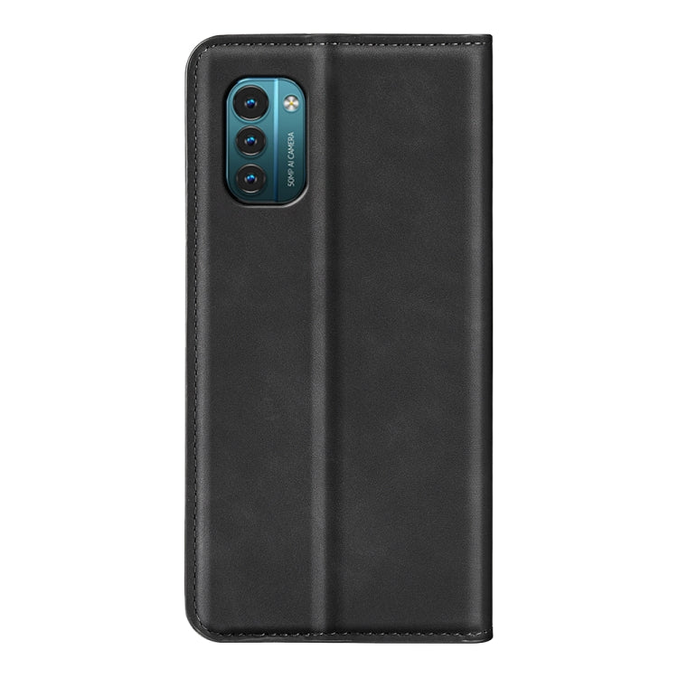 Black leather-style magnetic wallet phone case for Nokia G11/G21, back with camera cutout