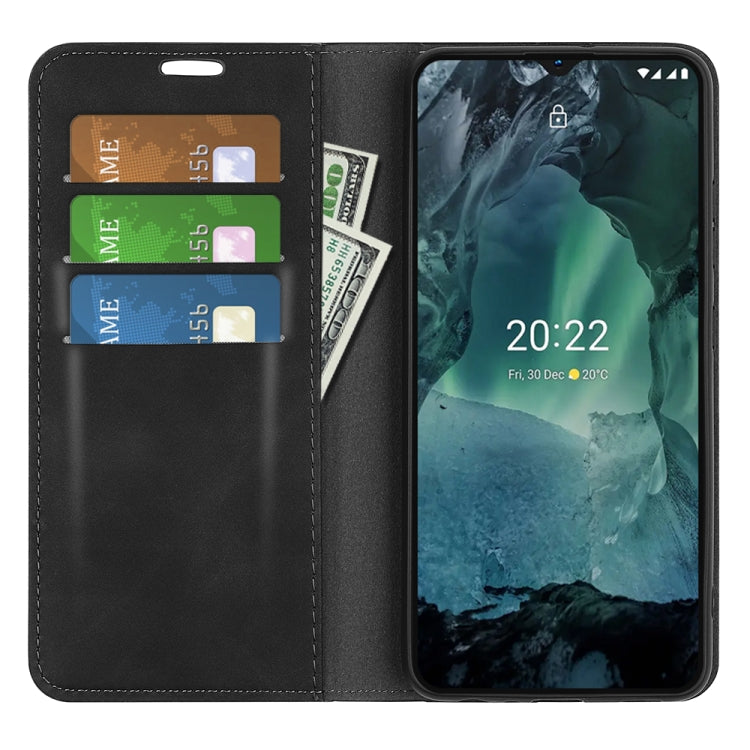 Black leather-style magnetic wallet phone case for Nokia G11/G21, wallet open showing cards