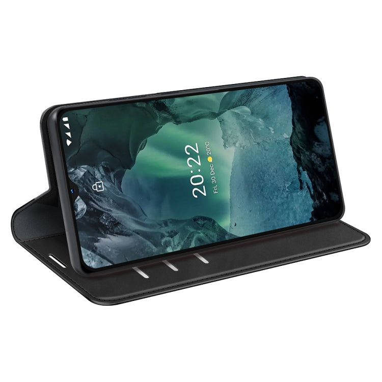 Black leather-style magnetic wallet phone case for Nokia G11/G21, stand view