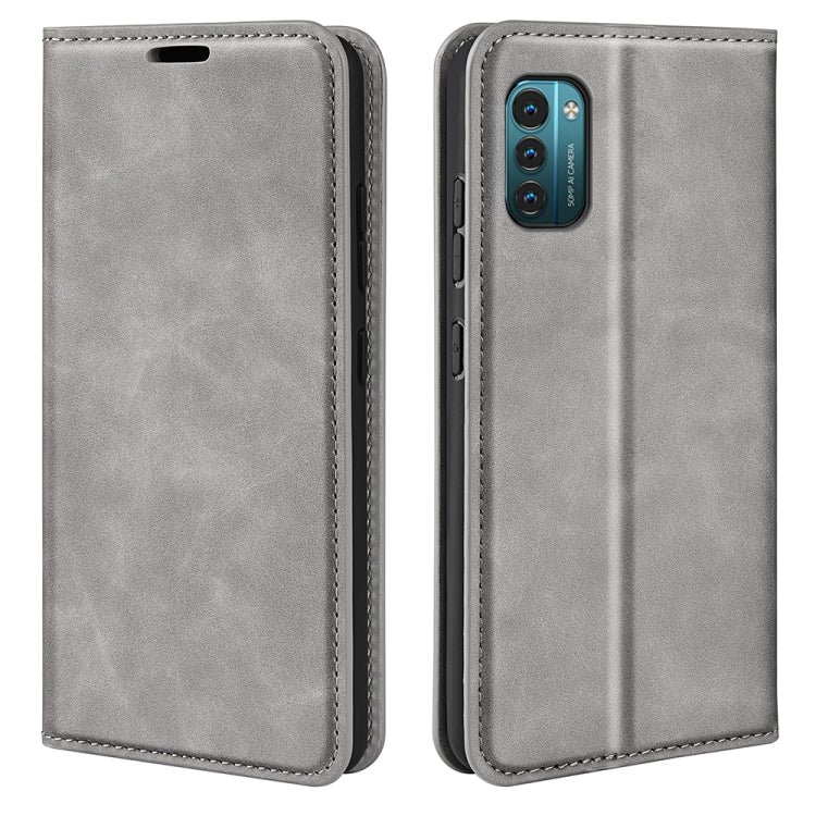 Grey leather-style magnetic wallet phone case for Nokia G11/G21, front and back views