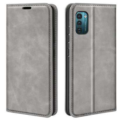 Grey leather-style magnetic wallet phone case for Nokia G11/G21, front and back views