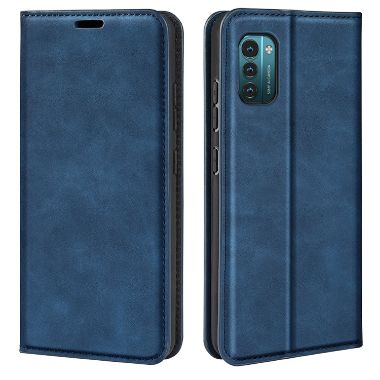 Dark blue leather-style magnetic wallet phone case for Nokia G11/G21, front and back views