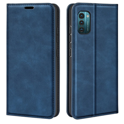Dark blue leather-style magnetic wallet phone case for Nokia G11/G21, front and back views
