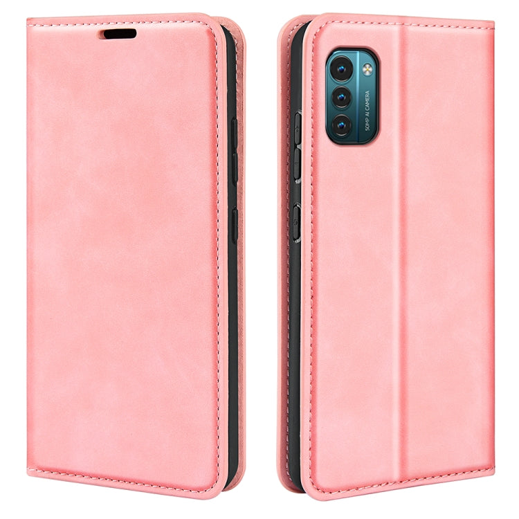 Pink leather-style magnetic wallet phone case for Nokia G11/G21, front and back views