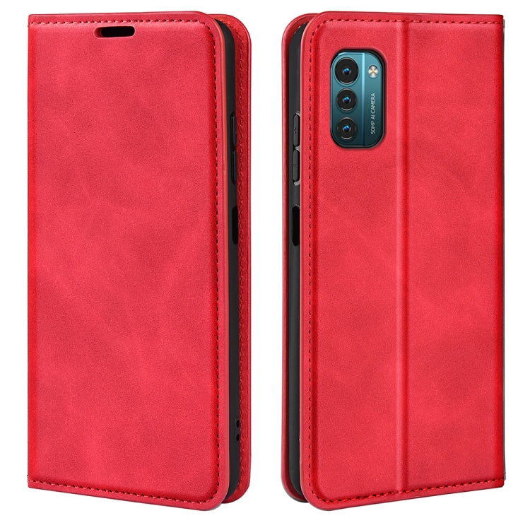 Red leather-style magnetic wallet phone case for Nokia G11/G21, front and back views