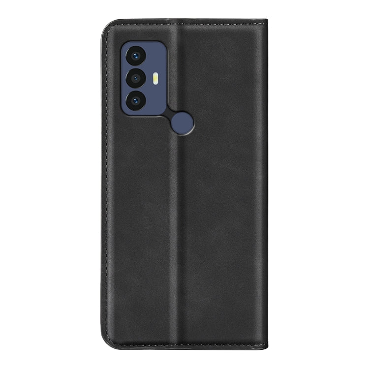 Black leather flip phone case with camera cutout and magnetic closure tab.