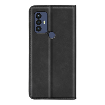 Black leather flip phone case with camera cutout and magnetic closure tab.
