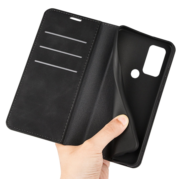 Dark leather folio phone case opened, showing card slots and a protective back cover.