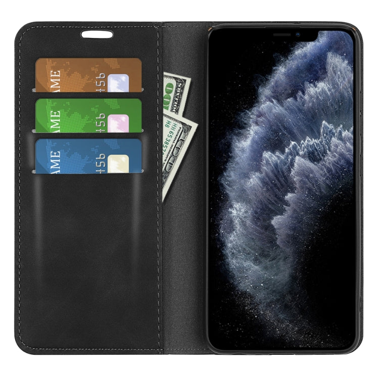 Black leather flip phone case open, with card pockets and phone screen protection.