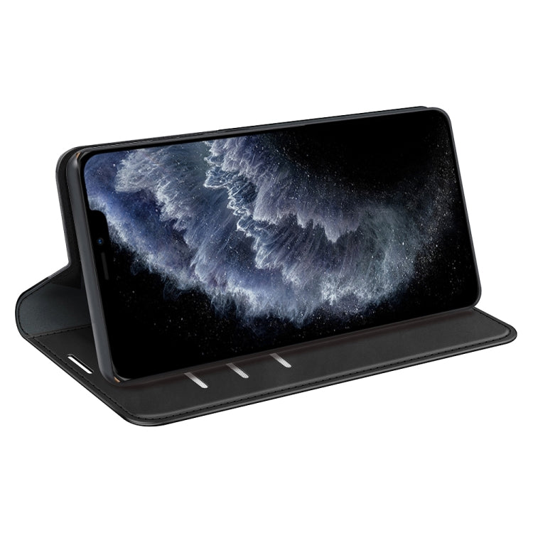 Black magnetic flip leather phone case folded into a horizontal stand view.