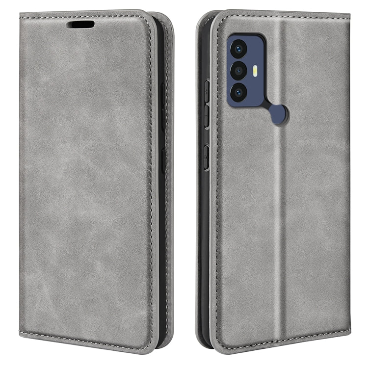 Grey magnetic flip leather phone case with camera cutout and stitched trim.