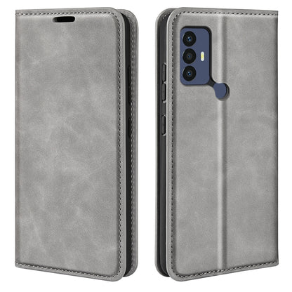 Grey magnetic flip leather phone case with camera cutout and stitched trim.