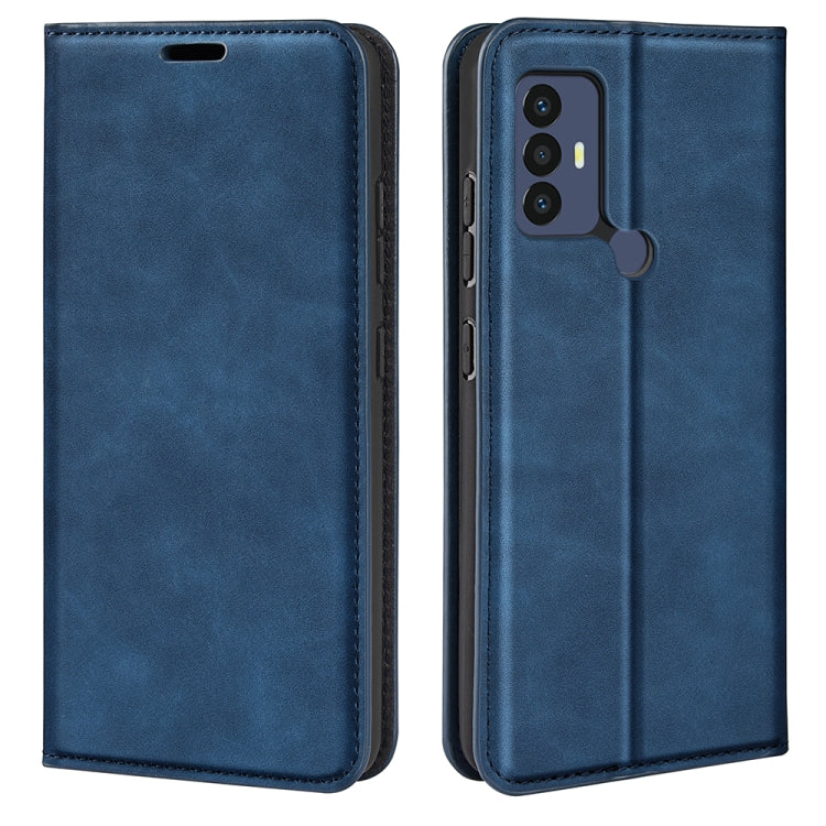 Dark blue magnetic flip leather phone case with camera cutout and stitched edges.