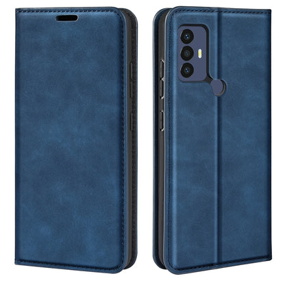 Dark blue magnetic flip leather phone case with camera cutout and stitched edges.