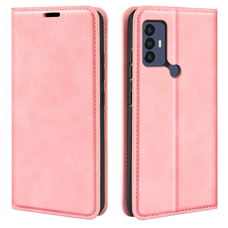 Pink magnetic flip leather phone case with camera cutout and stitched trim.