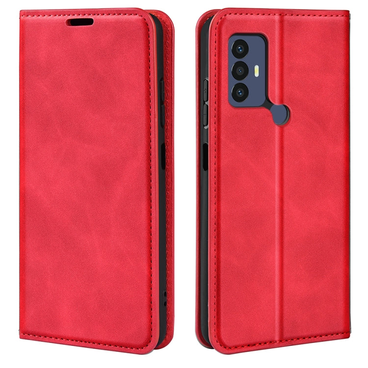 Red magnetic flip leather phone case with camera cutout and stitched edges.