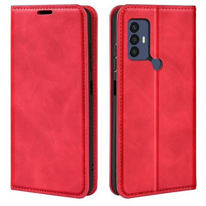 Red magnetic flip leather phone case with camera cutout and stitched edges.