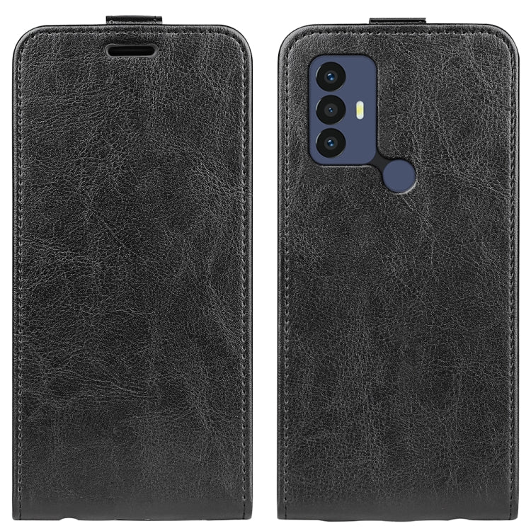 Black vertical flip leather phone case with camera cutout and stand