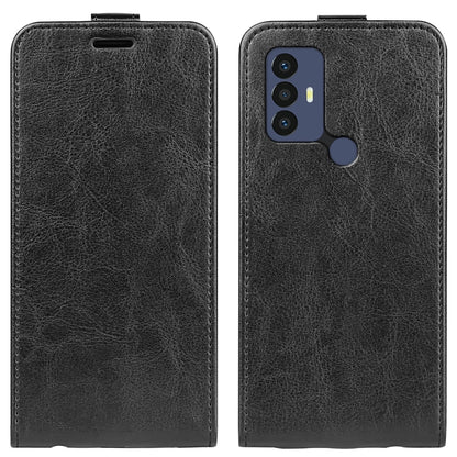 Black vertical flip leather phone case with camera cutout and stand