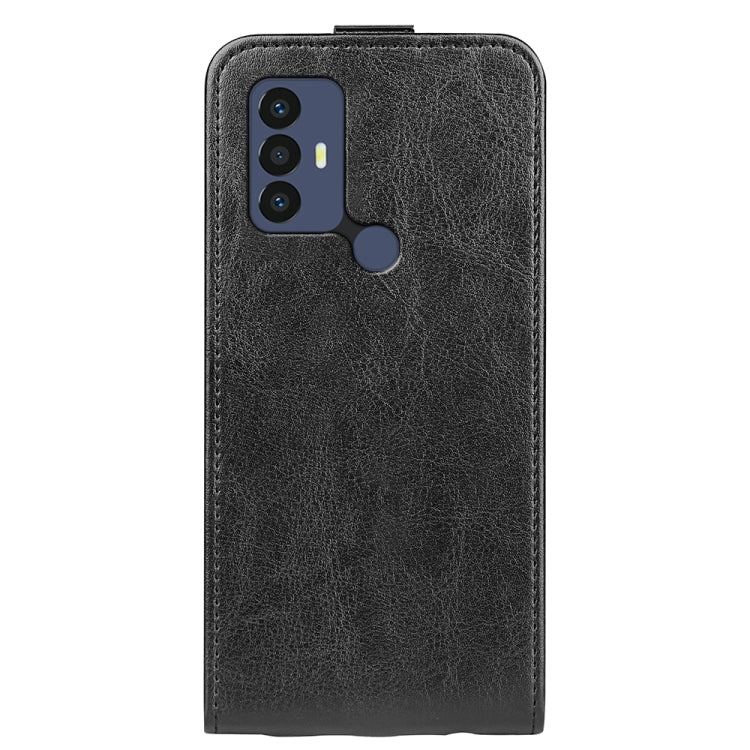 Black vertical flip leather phone case, back view with camera cutout
