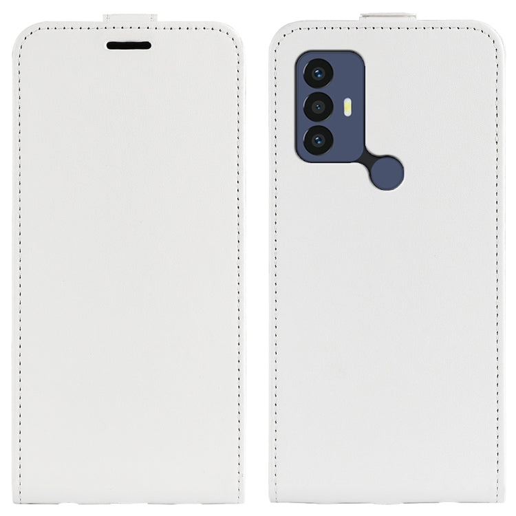 White vertical flip leather phone case with camera cutout and top slot