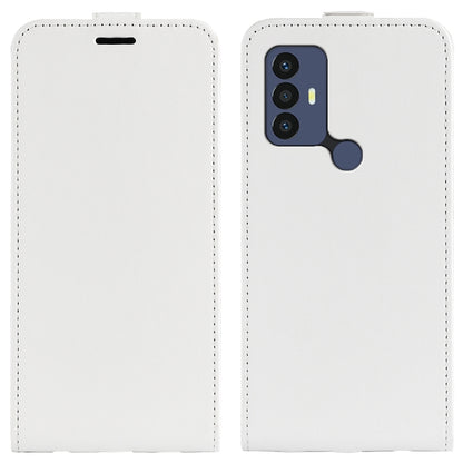 White vertical flip leather phone case with camera cutout and top slot