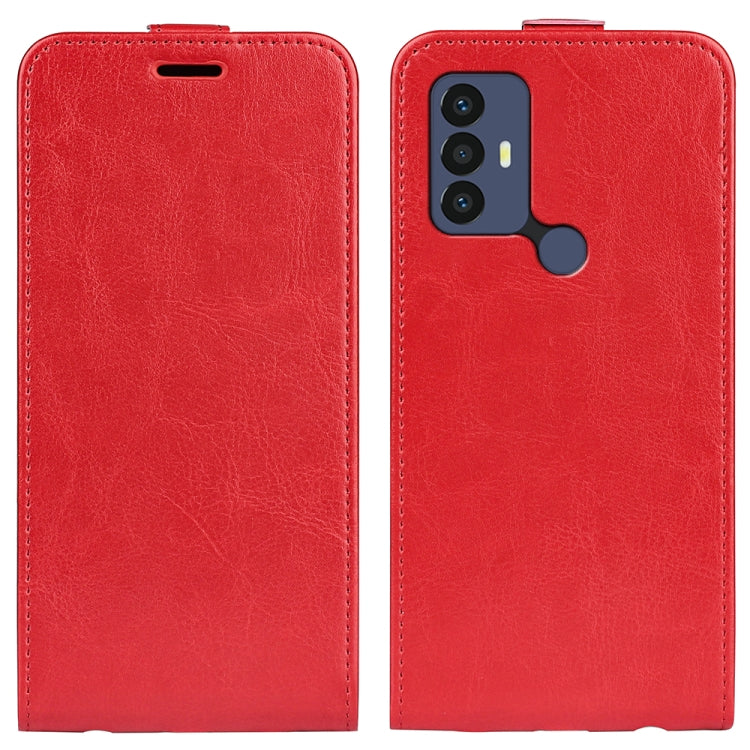 Red vertical flip leather phone case with camera cutout and stitched edges
