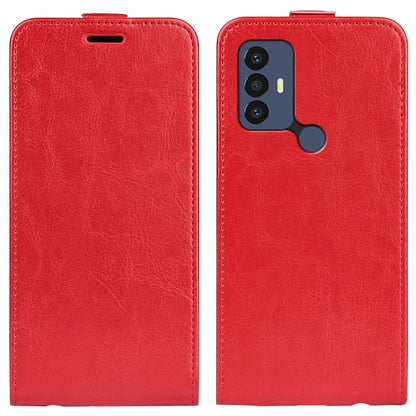 Red vertical flip leather phone case with camera cutout and stitched edges