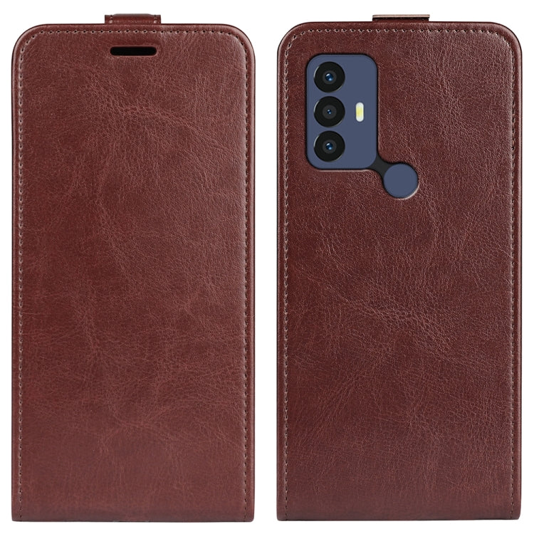 Brown vertical flip leather phone case with camera cutout and top slot