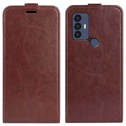 Brown vertical flip leather phone case with camera cutout and top slot