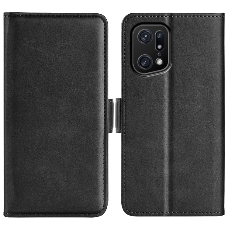 Black leather phone case with dual-side magnetic buckle, folding cover and camera cutout
