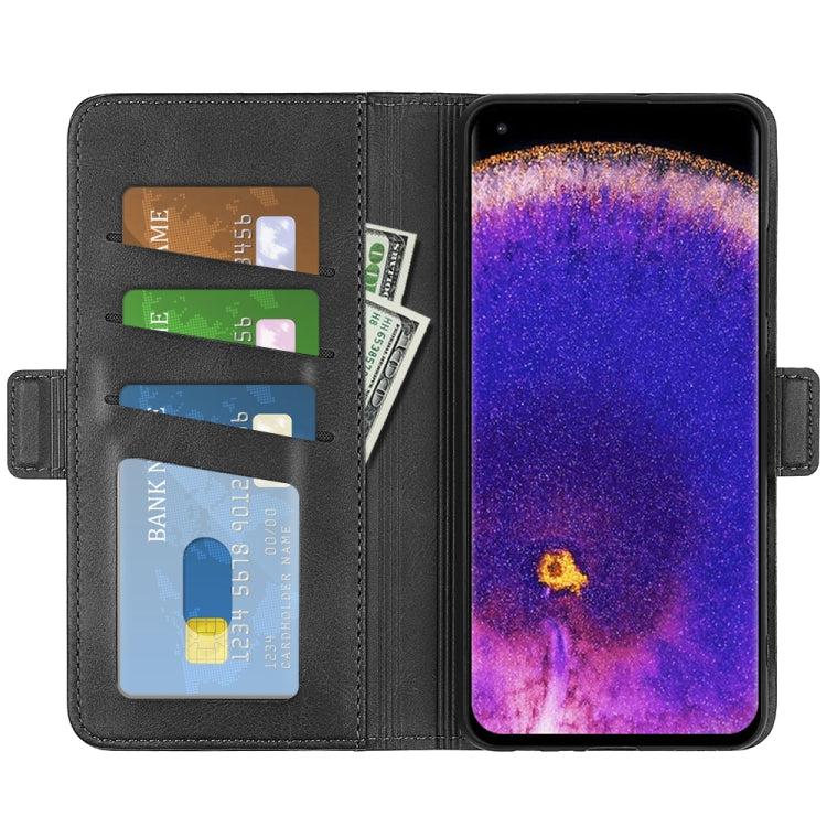 Black leather phone case with card slots and magnetic buckle, front cover open