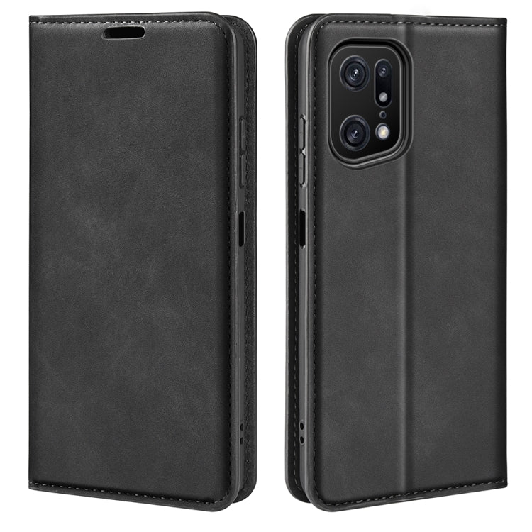 Black leather flip phone case with magnetic closure and side cutouts.