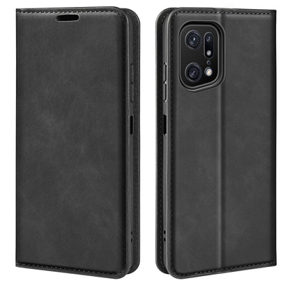 Black leather flip phone case with magnetic closure and side cutouts.