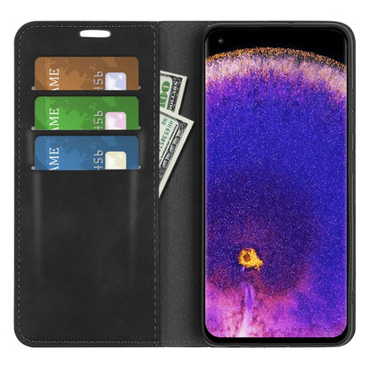 Black leather folio phone case with card slots and flip cover for screen protection.
