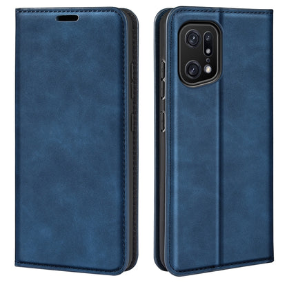 Dark blue leather flip phone case with camera cutout and protective edges.