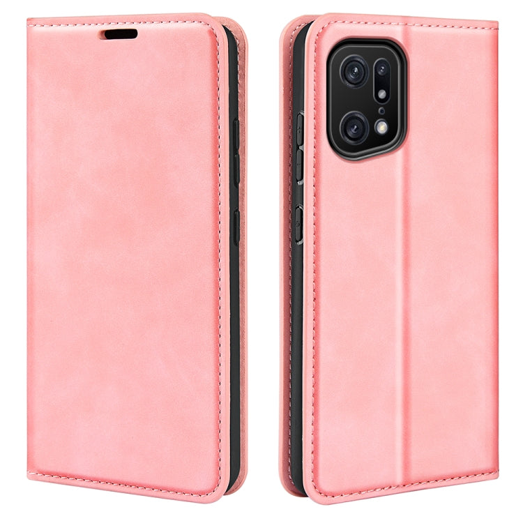 Pink leather flip phone case with magnetic closure and camera cutout.
