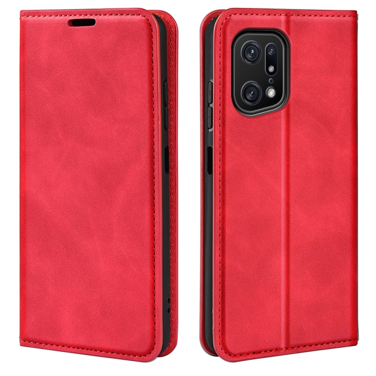 Red leather flip phone case with magnetic closure and camera cutout.