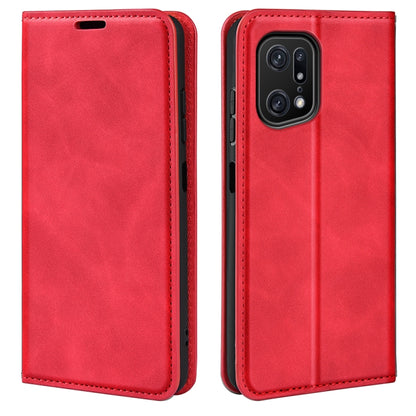 Red leather flip phone case with magnetic closure and camera cutout.