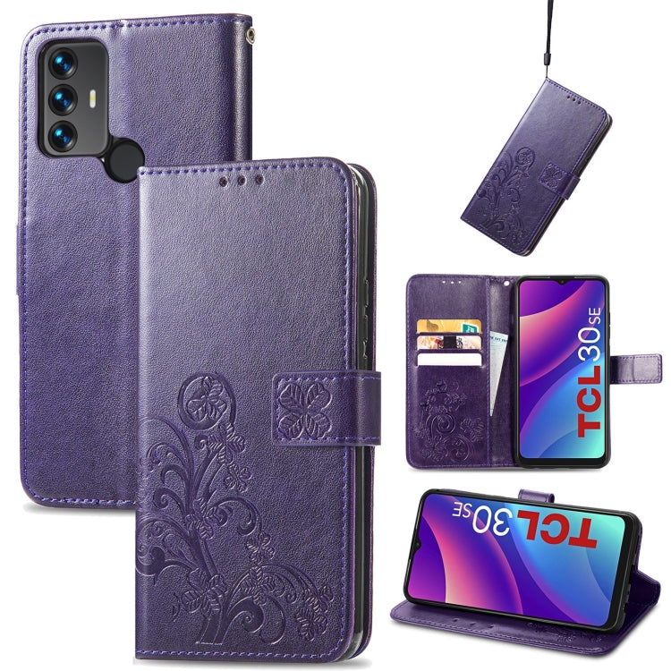Purple embossed leather wallet phone case with four-leaf clasp, card slots and kickstand