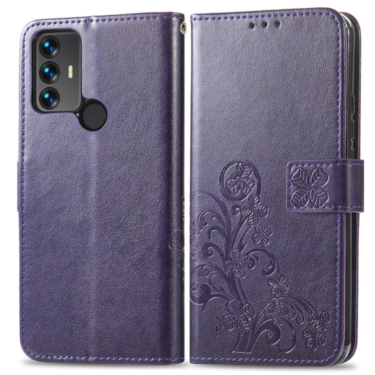 Purple leather wallet phone case with embossed floral pattern and four-leaf clasp, side view
